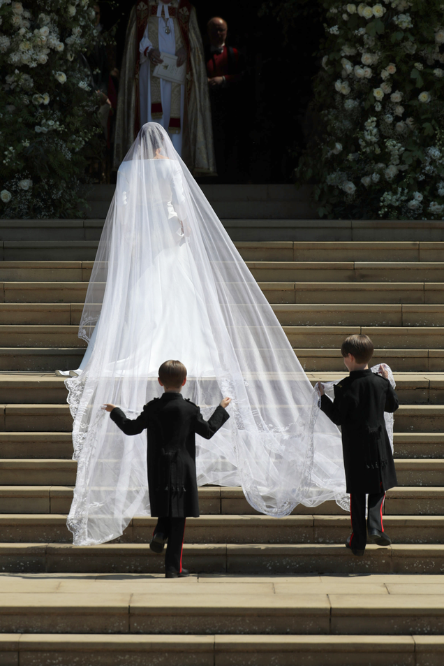 Meghan Markle and her bridal party arrive at St. George’s Chapel at Windsor Castle for her wedding to Prince Harry on May 19, 2018, in Windsor, England.